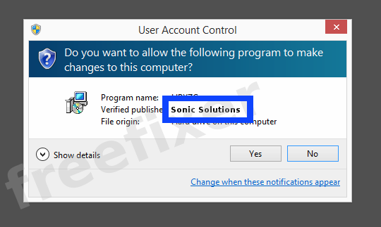 Screenshot where Sonic Solutions appears as the verified publisher in the UAC dialog